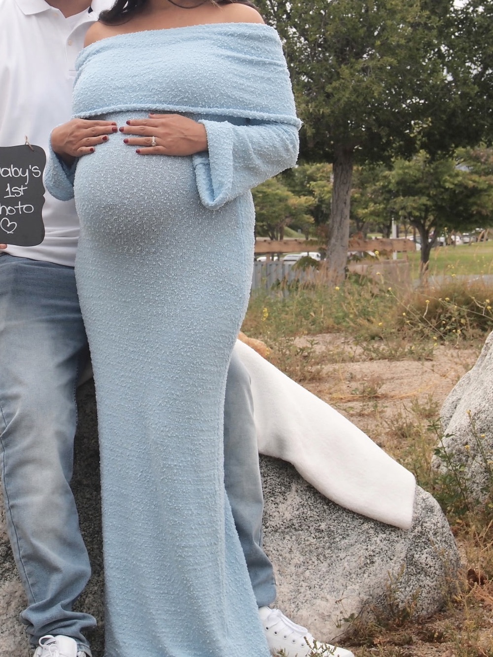 Maternity dress baby shower Light Blue Off-Shoulder Maxi Dress - Picture 7 of 7